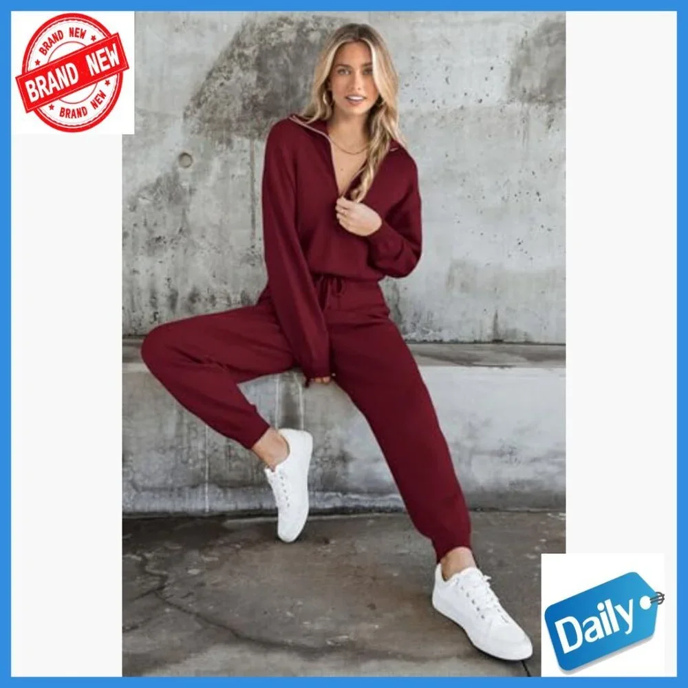 Large 2-Piece Sweater Set Zip Up Sweatshirt Jogger Pants Tracksuit